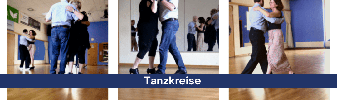 Vier Bilder zeigen Paartanz: Tango Argentino und verschiedene Tanzkreise in eleganter Tanzkleidung.