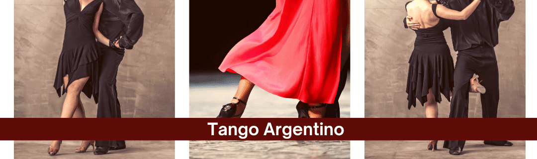 Vier Bilder zeigen Paartanz: Tango Argentino und verschiedene Tanzkreise in eleganter Tanzkleidung.