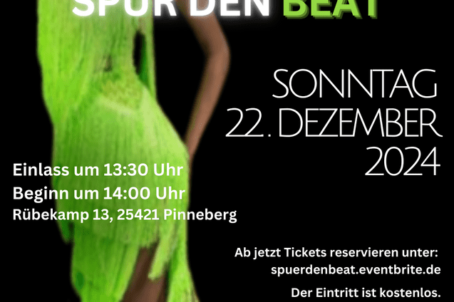 Tanzende Person in einem gr&uuml;nen Kost&uuml;m, umgeben von Veranstaltungsdetails f&uuml;r einen Tanzabend in Pinneberg.