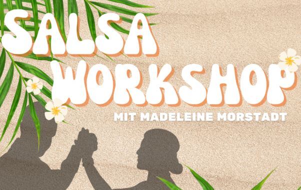 Poster f&uuml;r einen Salsa-Workshop mit dem Titel &bdquo;Salsa Workshop&ldquo; und Silhouetten von tanzenden Personen auf sandfarbenem Untergrund.