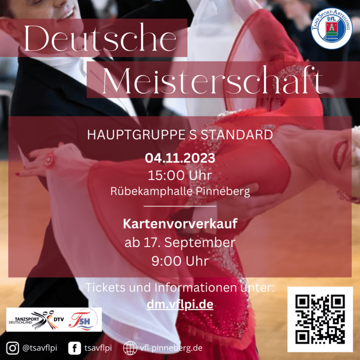 Plakat zur Deutschen Meisterschaft: Tanzpaar in eleganter Kleidung, Veranstaltungsdetails und QR-Code zur Ticketinformation.