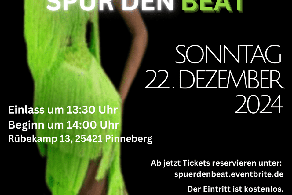 Tanzende Person in einem gr&uuml;nen Kost&uuml;m, umgeben von Veranstaltungsdetails f&uuml;r einen Tanzabend in Pinneberg.