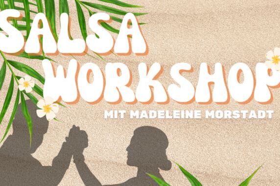 Poster f&uuml;r einen Salsa-Workshop mit dem Titel &bdquo;Salsa Workshop&ldquo; und Silhouetten von tanzenden Personen auf sandfarbenem Untergrund.