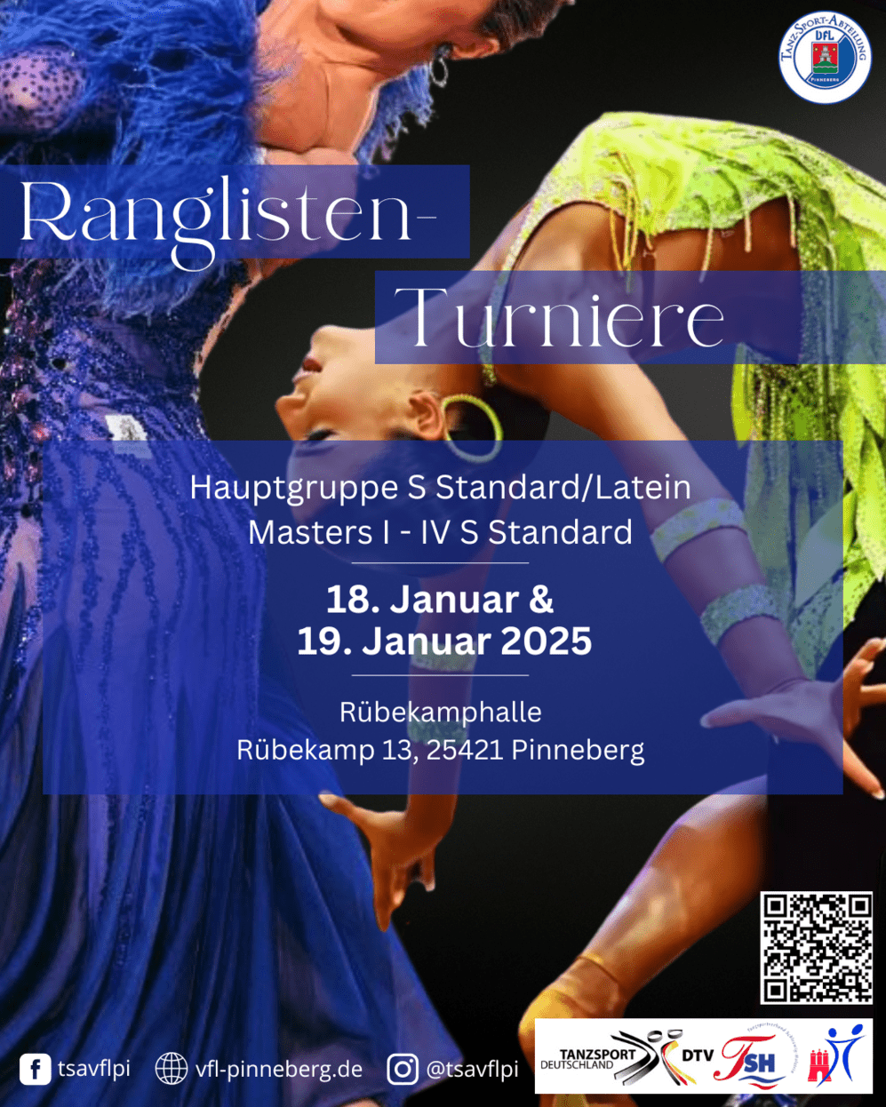 Tanzpaare in eleganten Kostümen beim Ranglistenturnier, Veranstaltungsinformationen im Hintergrund.