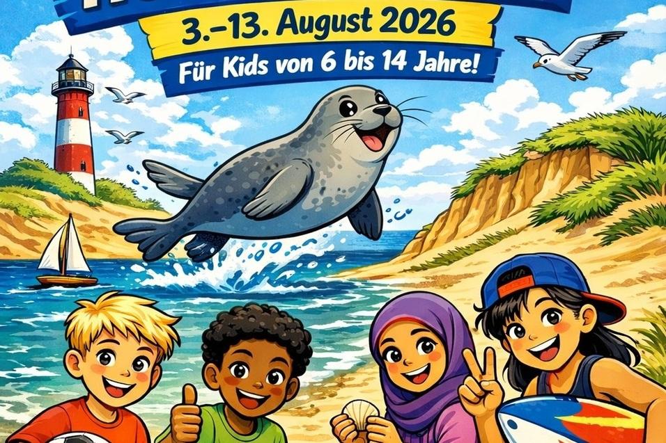 div. Kinder sitzen am Strand und freuen sich