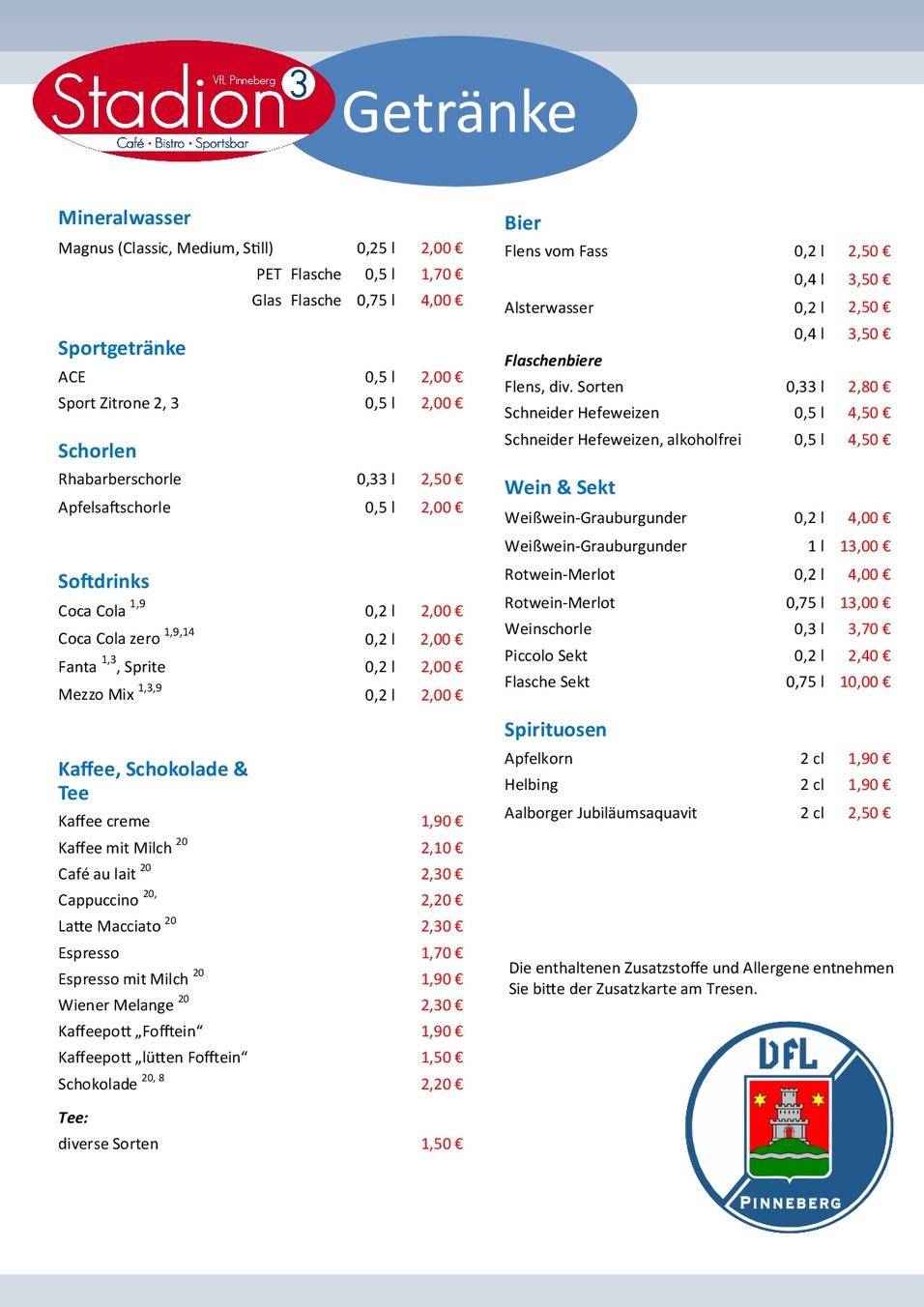 Getränkekarte mit Preisen für Mineralwasser, Biersorten, Softdrinks, Kaffee, Schokolade und Spirituosen im Stadion.