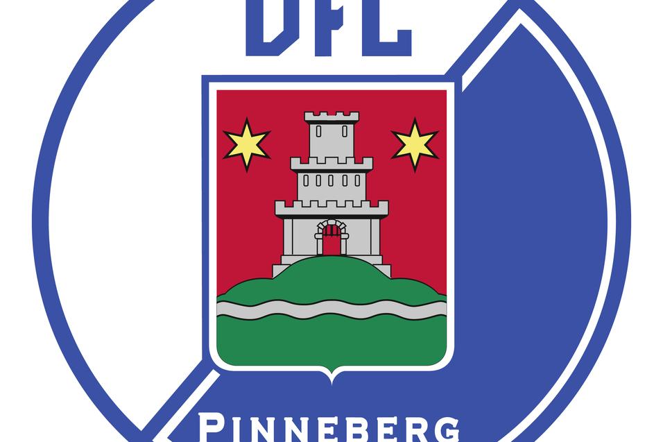 Wappen des DFL Pinneberg mit einer Burg und zwei Sternen auf rotem Hintergrund, umgeben von blauer Umrandung.