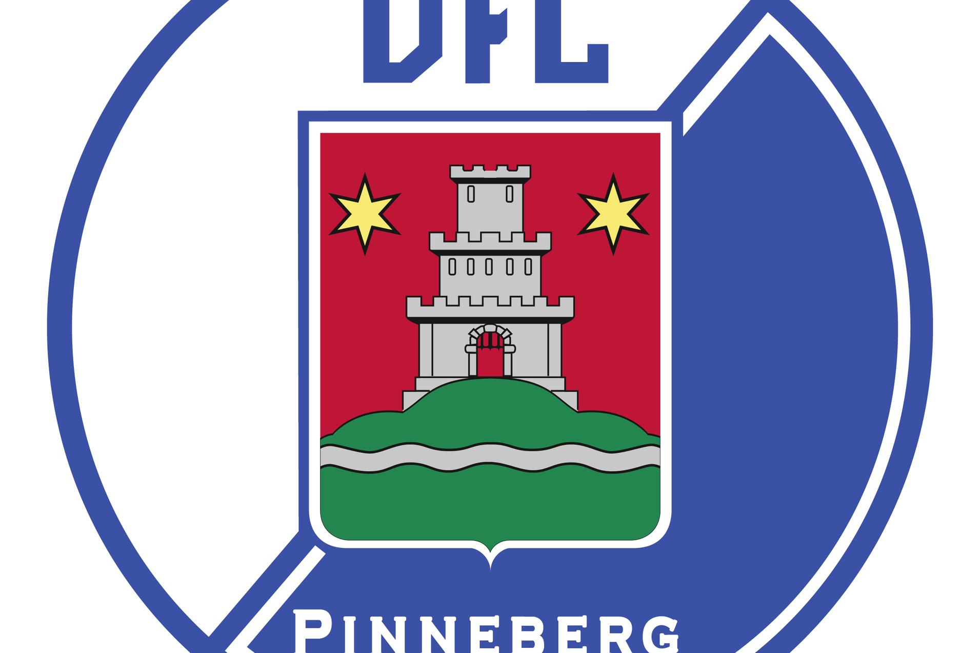 Wappen des DFL Pinneberg mit einer Burg und zwei Sternen auf rotem Hintergrund, umgeben von blauer Umrandung.