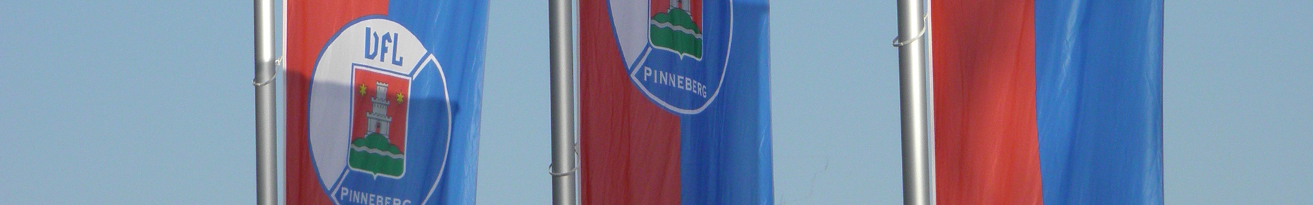 Drei Fahnen mit dem Wappen des DFL Pinneberg wehen vor einem blauen Himmel neben einem modernen Gebäude.