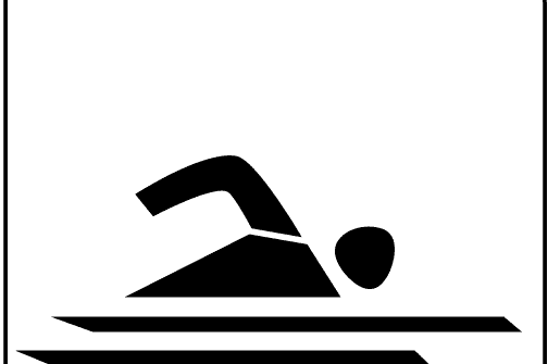 Minimalistische schwarz Silhouette eines Schwimmers über stilisierten Wasserwellen, auf weißem Hintergrund.