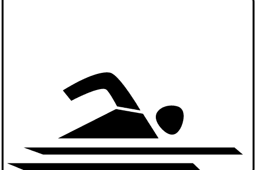 Minimalistische schwarz Silhouette eines Schwimmers über stilisierten Wasserwellen, auf weißem Hintergrund.